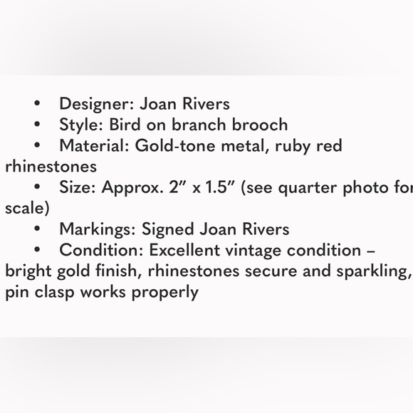 Vintage Joan Rivers Bird on Branch Brooch Gold Tone Ruby Red Rhinestone Berries - Picture 17 of 17